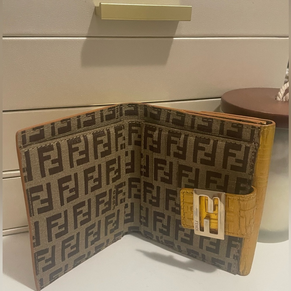 Fendi Zucchino Bifold Compact Wallet in gold metallic monogram; EUC - Picture 8 of 16
